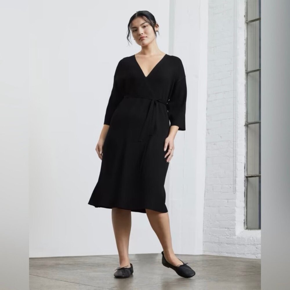 NEW Everlane The Ribbed Wrap Midi Dress Black Size XXS NWT